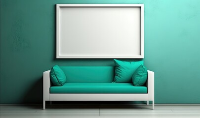  a green couch with a white frame on the wall next to a white framed mirror on a green wall with a white floor and a white floor.  generative ai
