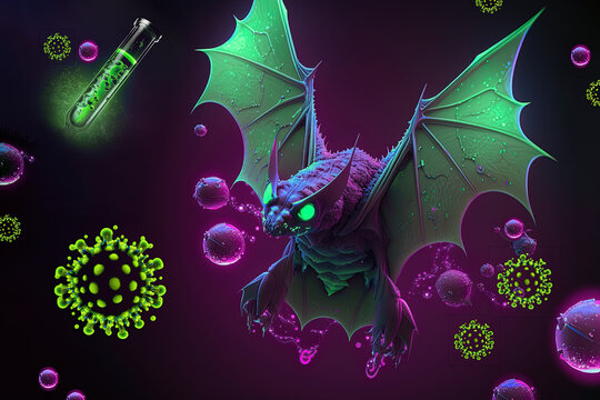 Flying coronavirus bat spreading coronavirus. Illustration of conspiracy theory that coronavirus virus was created in secret laboratory, AI generative