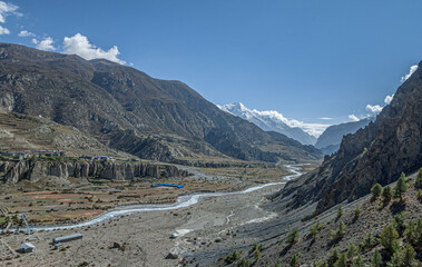 Fototapeta na wymiar Aerial View of Manang village, Manang valley with Marshyangdi river, Annapurna range, Himalayas, Nepal