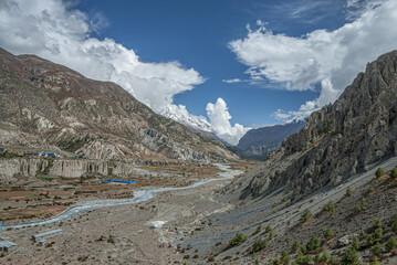 Aerial View of Manang village, Manang valley with Marshyangdi river, Annapurna range, Himalayas, Nepal