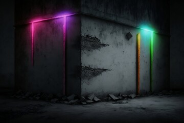 Industrial Glow: Neon Light Against Dark Cement Wall. Generative AI