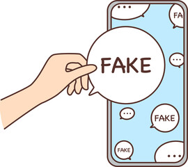 Cellphone screen with speech bubbles with fake news
