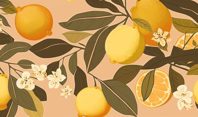  a bunch of lemons and oranges on a branch with leaves and flowers on a pink background with white flowers and green leaves on the branches.  generative ai