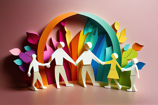 Regenbogenfamilie vor buntem Bogen