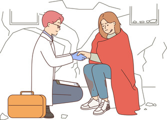 Male doctor help woman after natural disaster