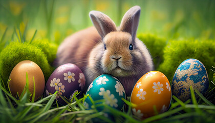happy easter, colorful easter eggs decorated with easter bunnies generated by AI