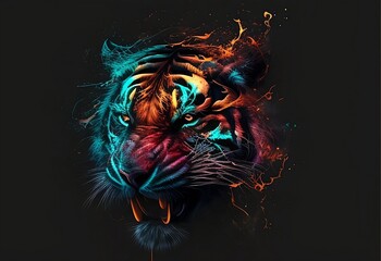 Bioluminiscent colored tiger black backround isolated angry
