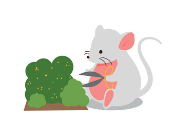 Cute mouse cuts bushes. Gardening and beauty, rodent with scissors cuts shape from plant. Spring and summer time of year. Nature and agriculture. Cartoon flat vector illustration