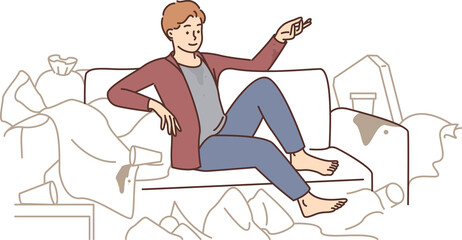 Man sit on sofa surrounded with trash