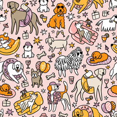 Pool pawty pink, summer dogs print illustration