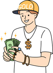 Successful male rapper with dollars in hands