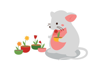 Cute mouse with flowerpots. White rodent with plants, care for nature and ecology. Sticker for social networks and messengers. Decor of backyard. Cartoon flat vector illustration