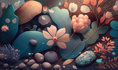  a painting of flowers and leaves on a dark background with rocks and stones.  generative ai