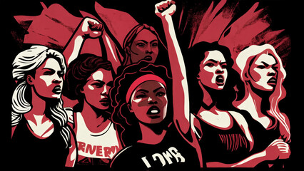 Group of women, Modern feminist, The struggle for rights, independence, equality. - obrazy, fototapety, plakaty