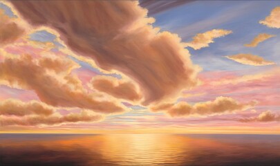 Naklejka na ściany i meble a painting of a sunset over a body of water with clouds. generative ai