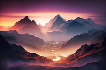 sunset in the mountains, melting snow, mountain range landscape