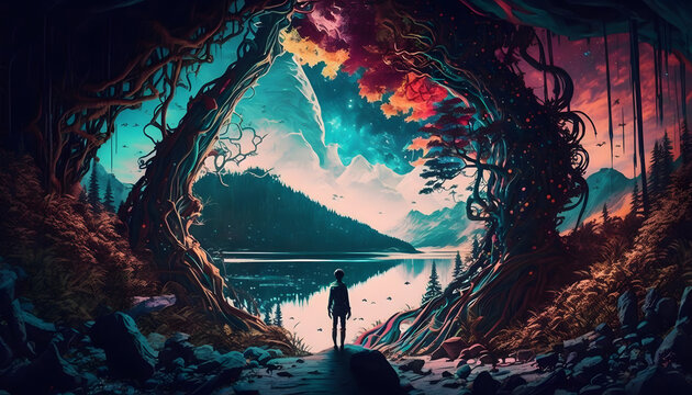 Fantastic landscapes with water, illustration. Generative AI