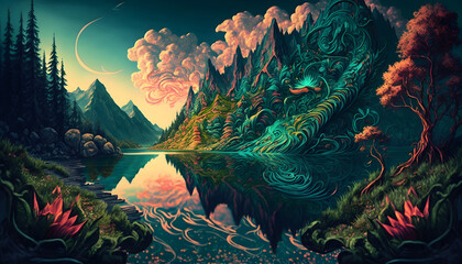 Fototapeta na wymiar Fantastic landscapes with water, illustration. Generative AI