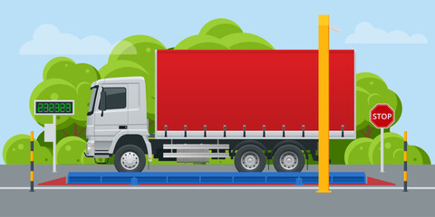 Flat loaded trailer truck on weighbridge. Weighing control platform. Container car on the weighing scale. Cargo transport, Truck trailer with container.