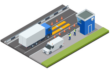 Isometric loaded trailer truck on weighbridge. Weighing control platform. Container car on the weighing scale. Cargo transport, Truck trailer with container.