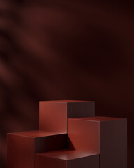 Minimal dark red three pedestal or podium for product showcase background.  Blank mockup. empty stage. 3d render illustration
