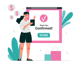Fototapeta na wymiar Order confirmation concept. Woman with tablet in her hands buys goods in online store. Shopping and home delivery. Electronic transfer and payment on Internet. Cartoon flat vector illustration