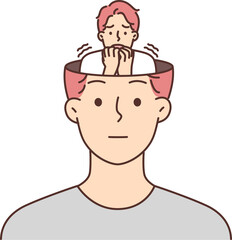 Frightened human sits in head of calm man hiding fear and emotions from others