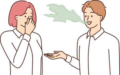 Woman covers nose with hand, feels discomfort communicating with man due to bad breath
