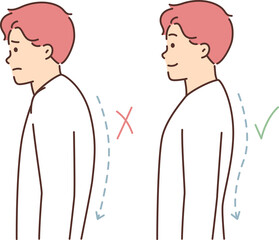 Man with correct and incorrect posture or hidden spine that negatively affects health