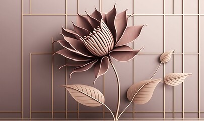  a paper flower on a wall with a grid pattern in the background and a gold frame around the flower and leaves on the side of the wall.  generative ai