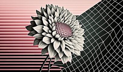  a black and white flower on a pink and black striped background with a black and white checkerboard design on the bottom of the image.  generative ai