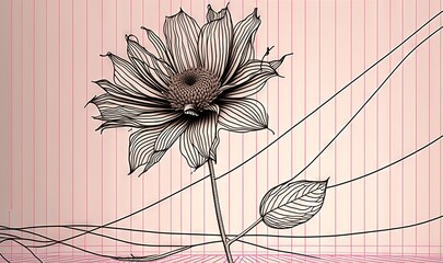  a drawing of a sunflower with a pink background and a line drawing of a flower on the side of the picture with a pink background.  generative ai