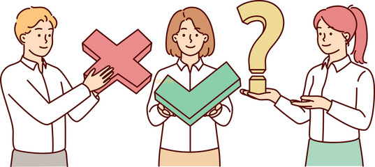 People in clothes for office work cohesive team employees hold tick and cross or question sign
