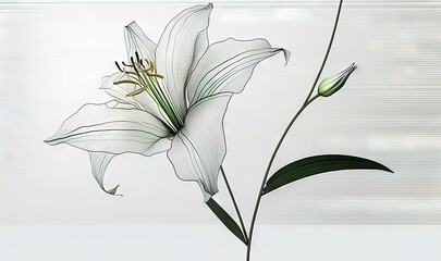  a white flower with a green stem on a white background with vertical lines in the back ground and a white background with horizontal lines in the middle.  generative ai