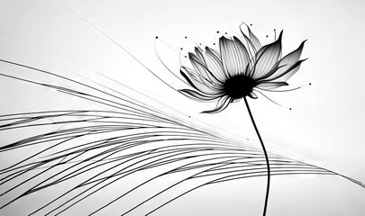  a black and white photo of a flower on a white background with a black and white swirl in the middle of the flower and the petals.  generative ai