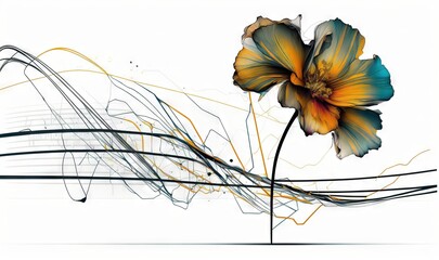  a yellow flower with a blue center on top of a white background with lines and swirls around the petals and the stem of the flower.  generative ai
