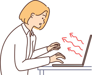 Woman is typing on keyboard, stretching hands to laptop that negatively affects health or psyche