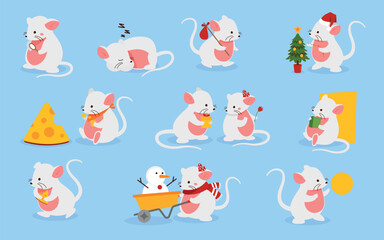 Set of mouse. Mice in different scenes with cheese. Rodent sleeps, decorates Christmas tree, carries snowman on cart and eating. Cartoon flat vector illustrations isolated on blue background
