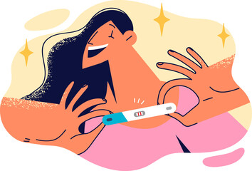 Woman holds pregnancy test with two strips indicating conception and imminent arrival of baby