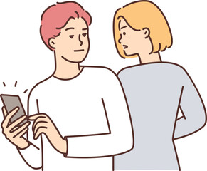 Curious woman trying to spy on boyfriend chatting or using social media on phone