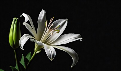  a white flower with green leaves on a black background with a black back ground and a black back ground with a black back ground with a white flower and green leaves.  generative ai
