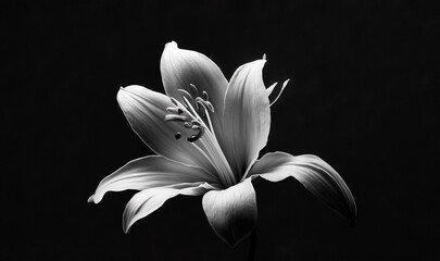  a black and white photo of a flower on a black background with a drop of water on the petals of the flower and the bud of the flower.  generative ai