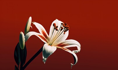  a white flower with red stamens on a red and black background with a black stem in the center of the flower and a red center of the flower.  generative ai
