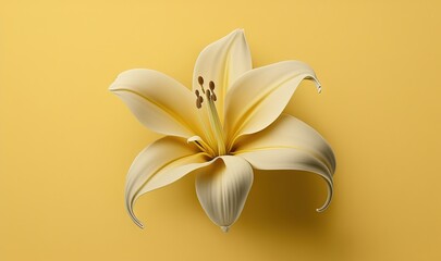  a white flower on a yellow background with a shadow of the flower in the center of the image is a single flower with a brown stamen center.  generative ai