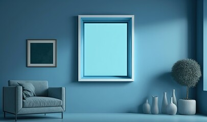  a blue room with a chair, vases, and a window with a blue sky in the window and a picture frame on the wall.  generative ai
