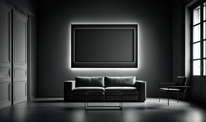  a black and white photo of a living room with a couch and a large picture frame on the wall above the couch and a chair.  generative ai