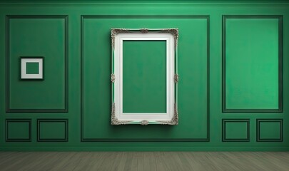 Obraz na płótnie Canvas a green room with a white framed mirror on the wall and a picture frame on the wall with a square picture frame on the wall. generative ai