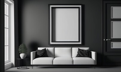 a black and white living room with a white couch and a large picture frame hanging on the wall above the couch is a potted plant.  generative ai