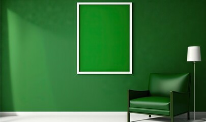  a green room with a chair, lamp and a picture frame on the wall with a white frame on the wall, and a green wall with a white floor.  generative ai