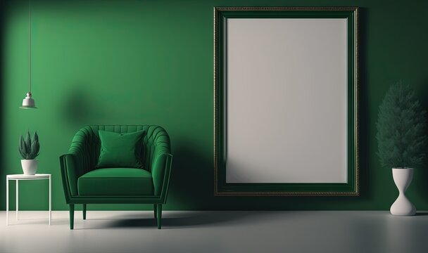  a green room with a green chair and a large picture frame on the wall and a white table with a potted plant on it.  generative ai